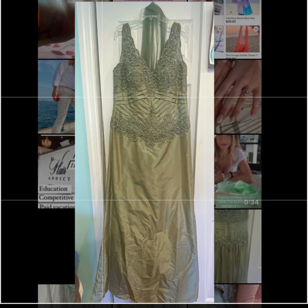 Montage by Mon Cheri Olive Green Embellished V-Neck Evening Dress